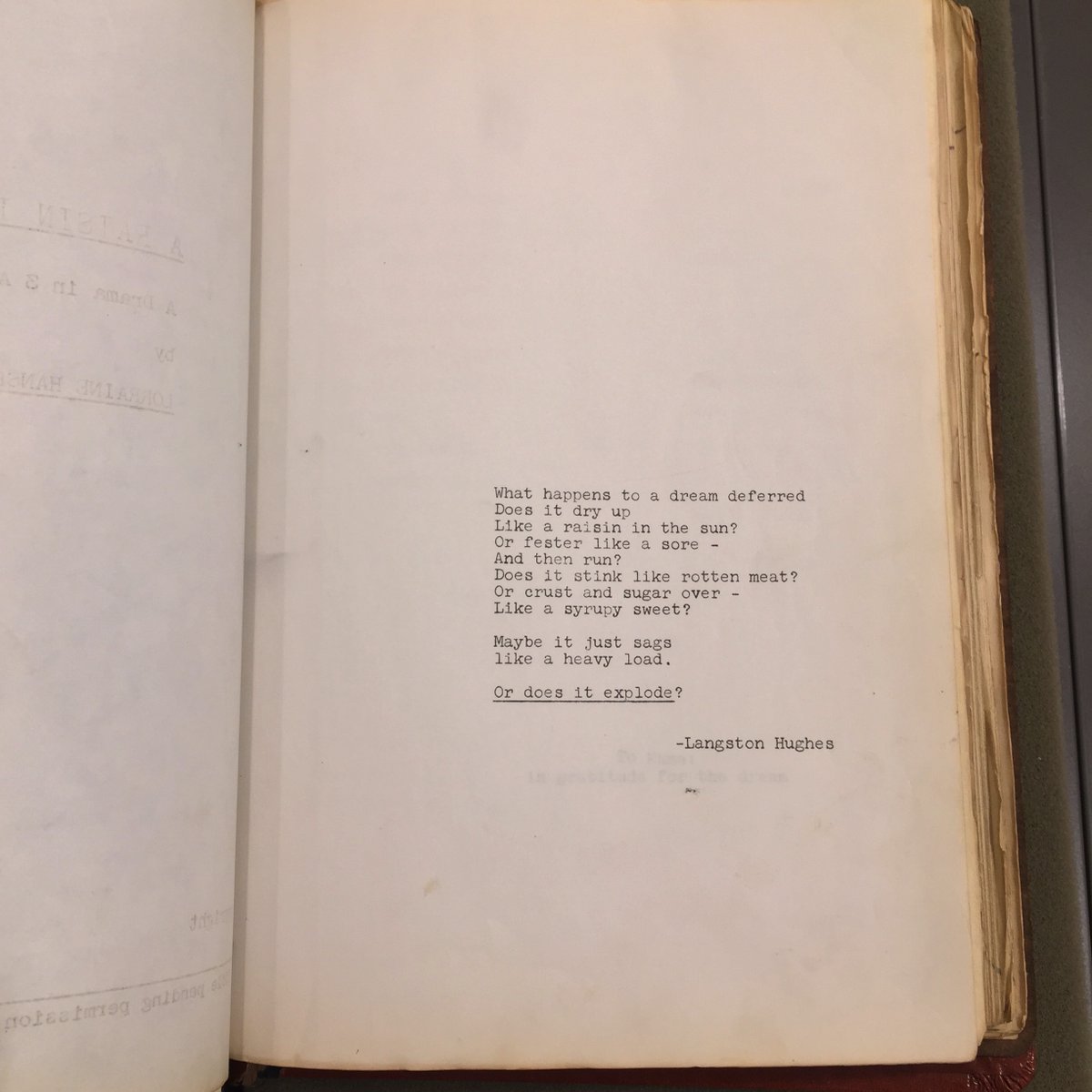 1957 script of Lorraine Hansberry's A Raisin in the Sun, noting that title was pending permission of Langston Hughes, from Lloyd RIchard Papers  @YCAL_JWJ  https://beinecke.library.yale.edu/collections/highlights/lloyd-richards-papers