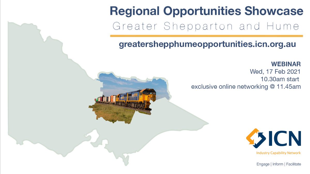 Join us for the first Regional Opportunities Showcase of 2021 – Greater Shepparton and Hume Webinar from 10:30am on Wed Feb 17. Headlined by Coleman Rail, Stage 2 Shepparton Line Upgrade. 
Register here: bit.ly/GSShowcase