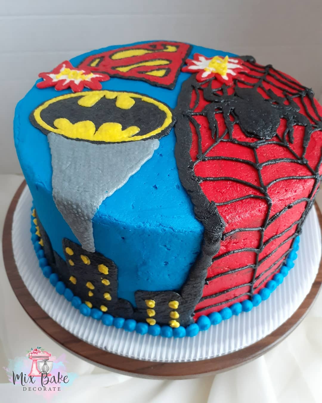 Mixbakedecorate I Made A Superhero Birthday Cake Including Batman Spider Man And Superman Happybirthday Birthdaycake Birthday Birthdayboy Celebrate Chocolatecake Whitecake Buttercreamfrosting Buttercream Marvel Dccomics