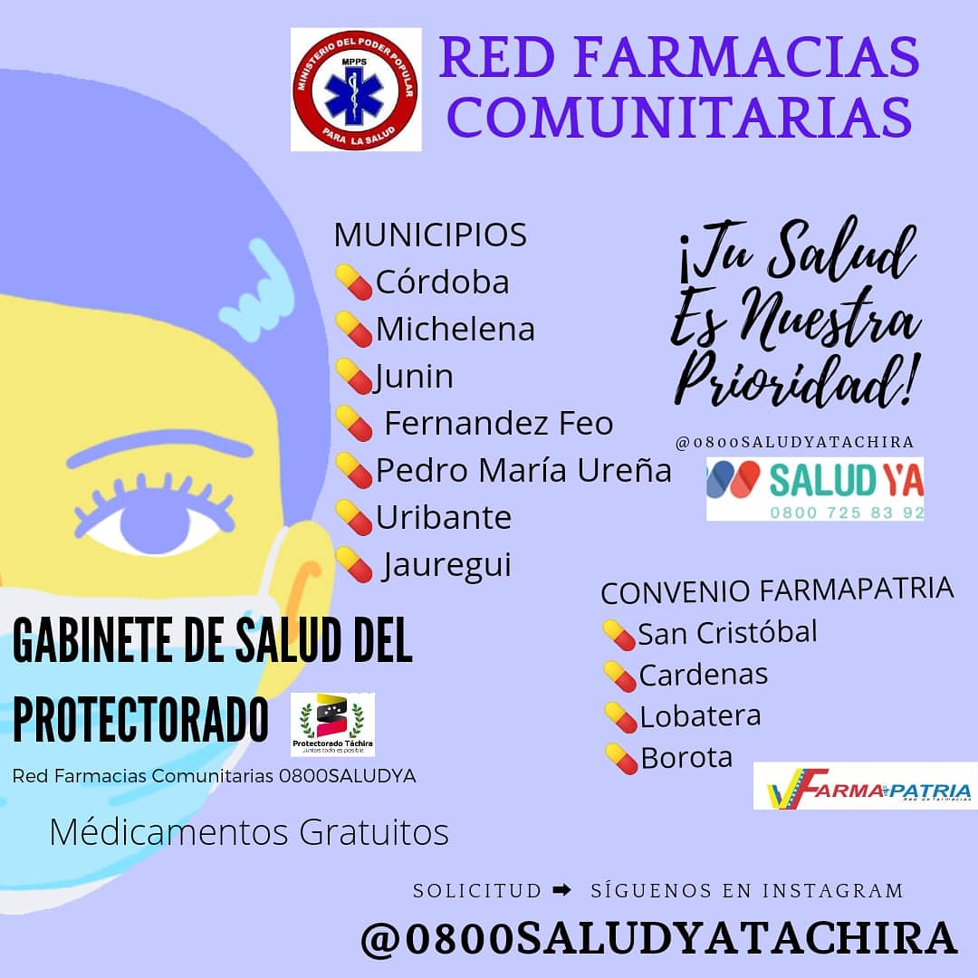 ¡Tu Salud es Nuestra Prioridad!
✅ Presentamos nuestra red de Farmacias Comunitarias del Estado Tachira. Para cualquier solicitud en médicamentos de la Red 0800SaludYa💊
Consultar al privado
 ➡️ síguenos en Instagram @0800SaludYaTachira     
  Gabinete de Salud del Protectorado