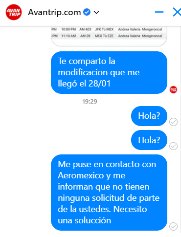 amongero's tweet photo. @avantrip Estafadores mi vuelo sale en menos de 24 horas y ya ni responden. Ni en Twitter ni en Facebook, tengo mi reclamo en defensa del consumidor ya iniciado. https://t.co/DnM4Iz1hep