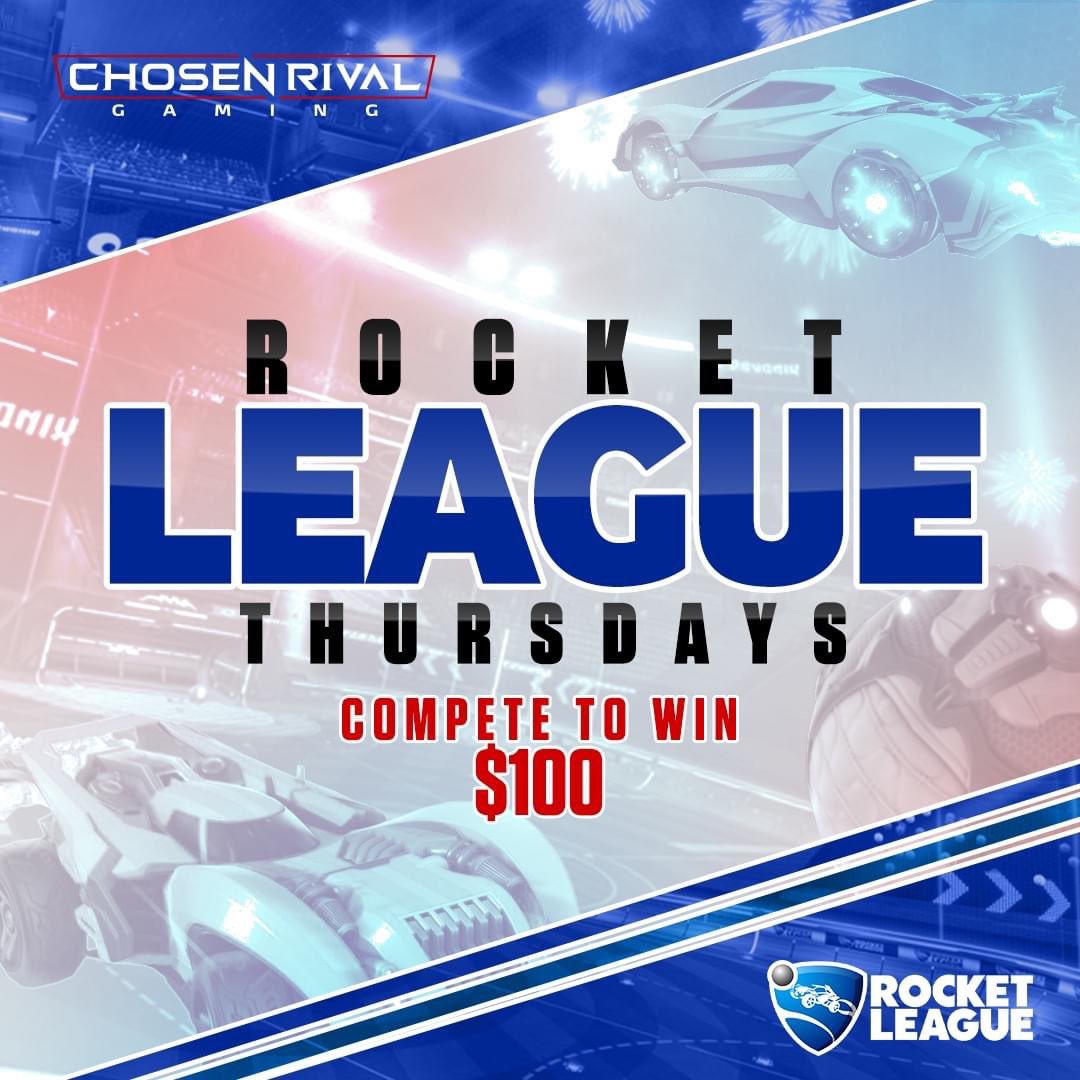 Rocket League Thursdays are here! Get ready for the high-powered hybrid of arcade-style soccer and vehicular mayhem to take over <a href="/ChosenRival/">Chosen Rival Gaming</a> for your chance to win some cash!

You definitely want to get in on this!

Visit chosenrival.com to register!