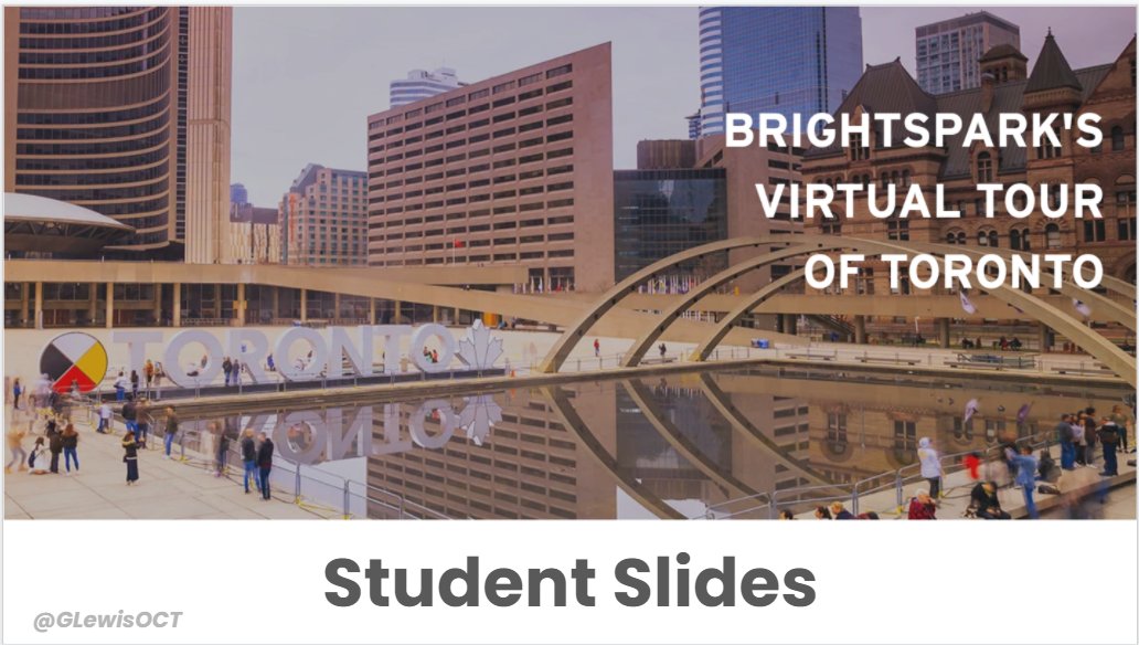 GLewisOCT's tweet photo. #VirtualSchool Teachers, need some time to breathe? I made a Gr5-8 Companion Activity to the @BrightsparkCA Virtual Tour of Toronto. Here's the vid: https://t.co/1RqFZ97A4f and the GoogleSlides: https://t.co/sYjZIoI8tX #EdTech #Raptors #FieldTripFromHome https://t.co/WiY3YEHCWL