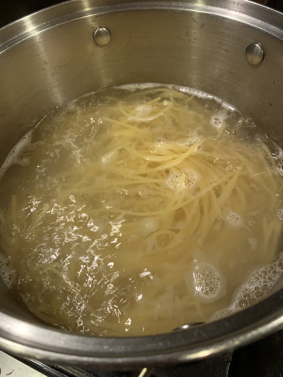 Meanwhile boil your spaghetti; don’t use too much water. The starchier you can get the water the better. Salt the water