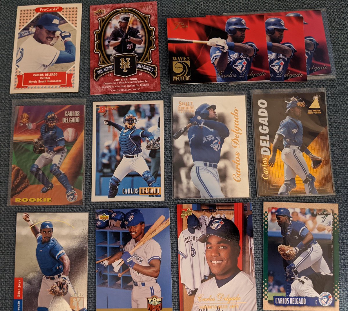   #CarlosDelgado from   #MrRobertsonsCardCabinet Top row $2 eachMiddle row $1 eachBottom row $0.50 eachAll 13 cards Lot $12 @Hobby_Connect  @HiveCards  @sports_sell  @cards_end
