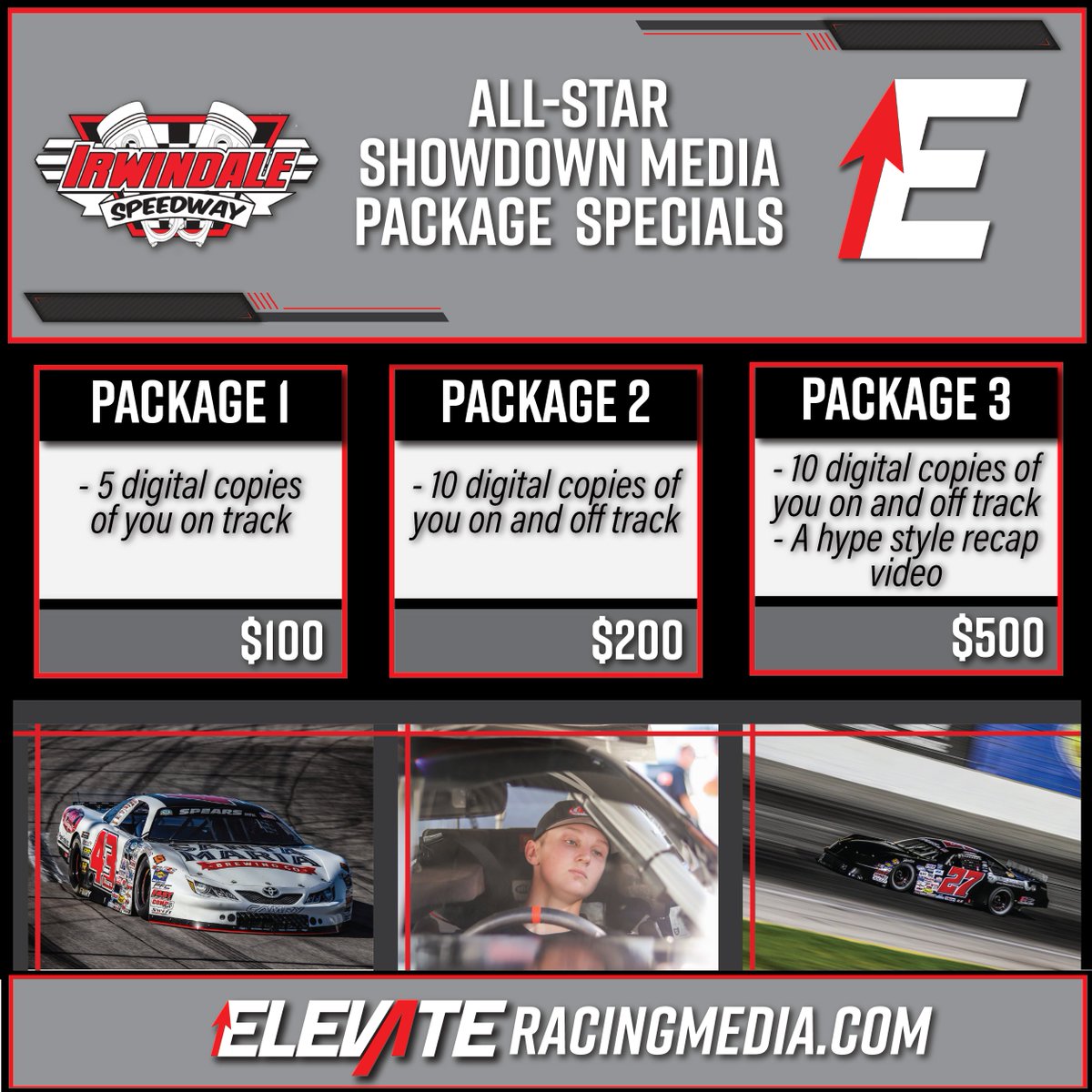 We are excited to be attending the All-Star Showdown! 

We'll be partnering with 
<a href="/LBTV_racing/">Low Budget TV</a>
 for the weekend, but will also have Photo and limited Video packages available for drivers and teams.

Check the full page out on our NEW website at 

ElevateRacingMedia.com/specialevent