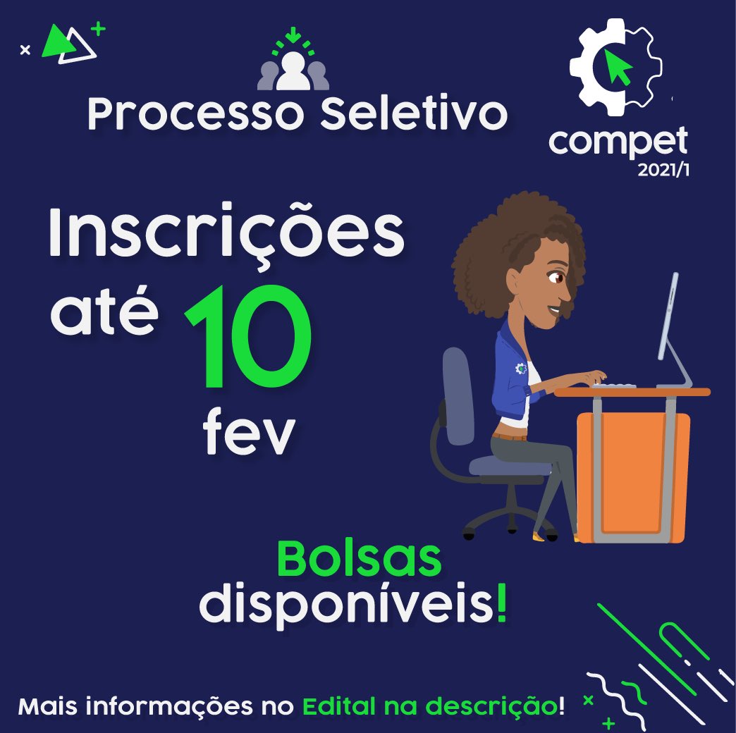 compet_cefet's tweet photo. Participe do Processo Seletivo do COMPET 2021.1! Temos vagas para QUALQUER curso do CEFET-MG, a partir do 2º período.
As inscrições podem ser feitas em: https://t.co/yAAXn58SmJ
#compet #engenhariadecomputacao #processoseletivo #compet2021 #seinscreva #engcomp #cefet #cefetmg https://t.co/xdEVSzLjNz