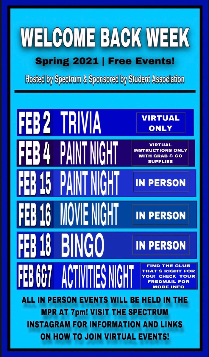 SpectrumFred's tweet image. 💙 don’t forget about our welcome back week events! come have fun and win some prizes! 💙