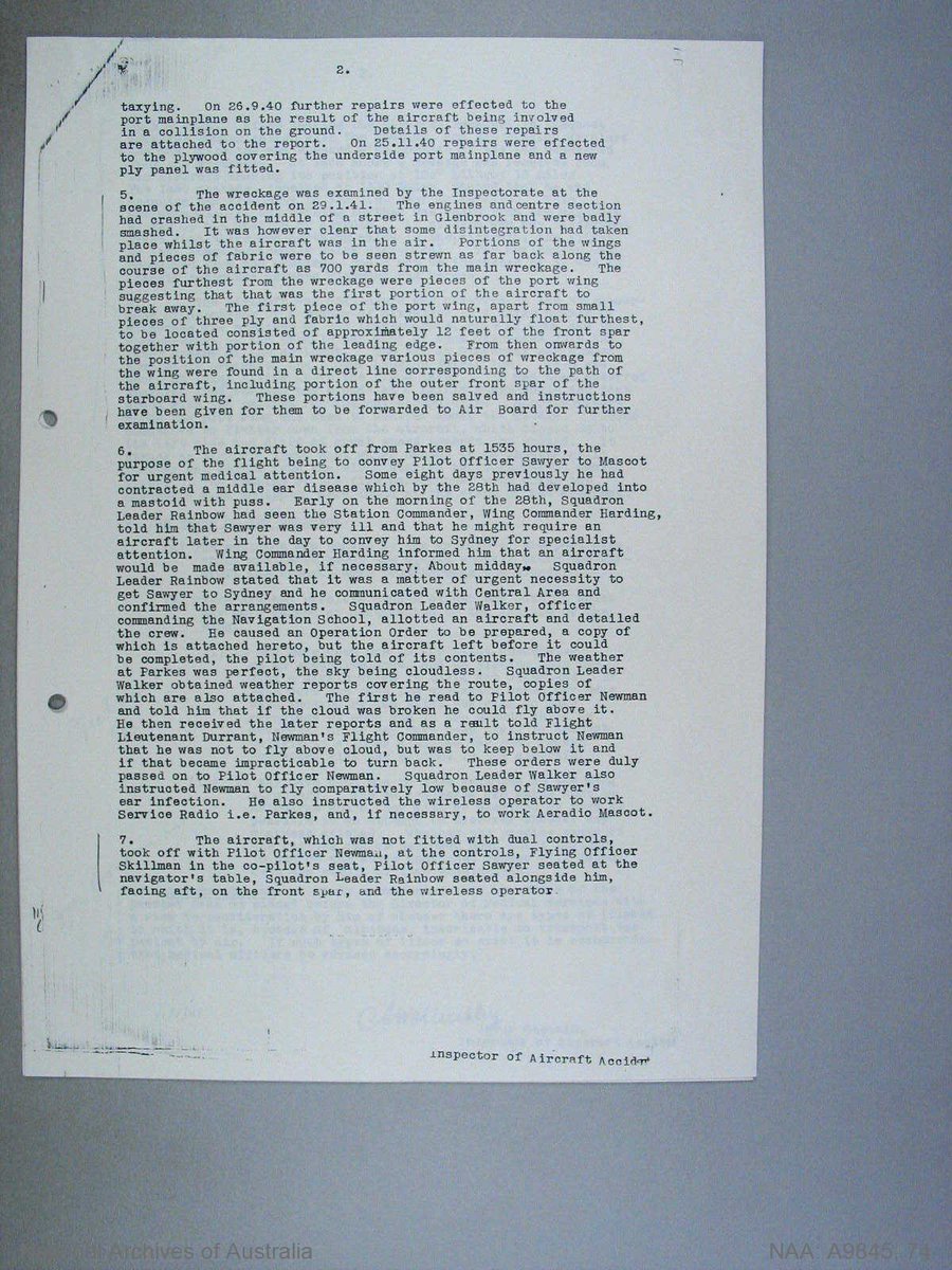 The crash investigation determined the Anson crashed after wing separation during descent from cloud. What’s not clear is whether separation occurred due to existing damage to the wing, an overspeed, or both.
