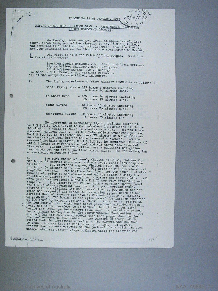 The crash investigation determined the Anson crashed after wing separation during descent from cloud. What’s not clear is whether separation occurred due to existing damage to the wing, an overspeed, or both.