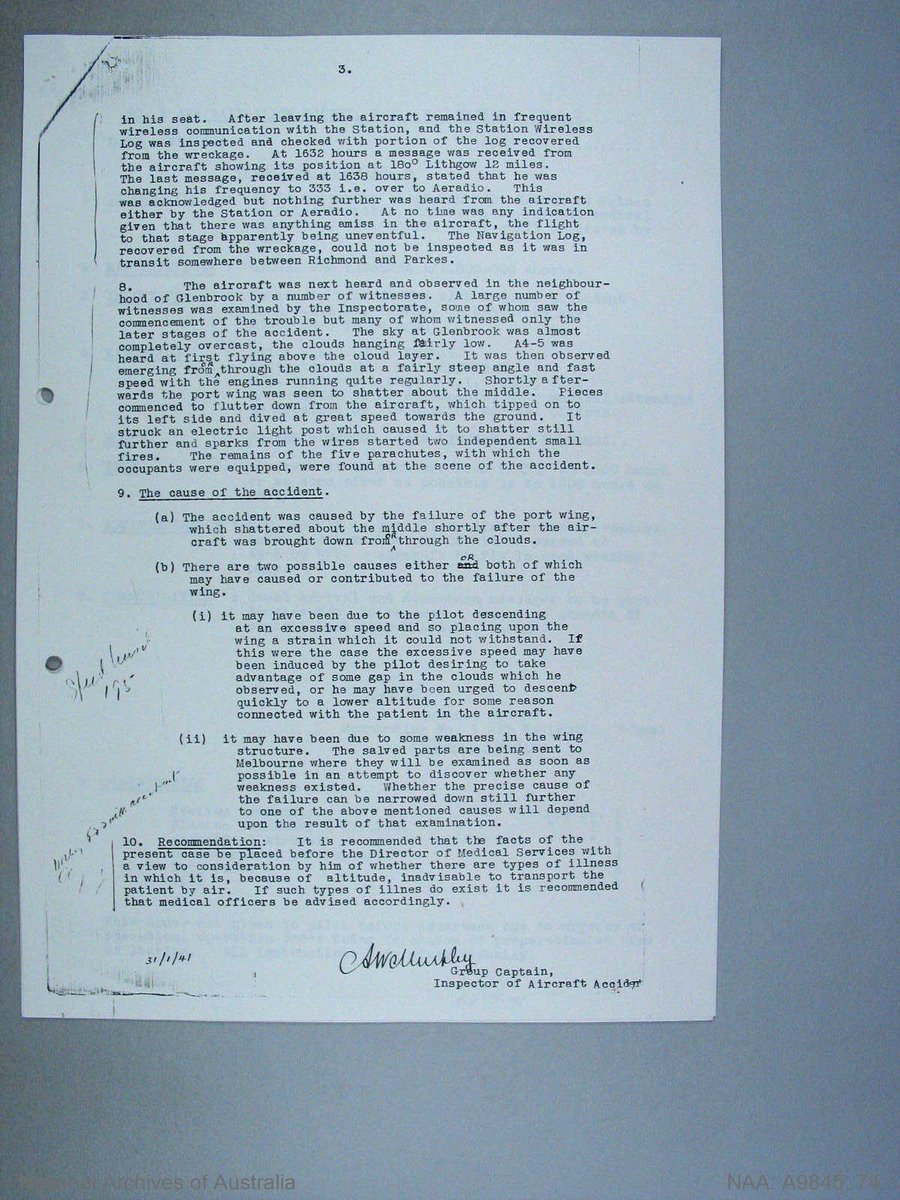The crash investigation determined the Anson crashed after wing separation during descent from cloud. What’s not clear is whether separation occurred due to existing damage to the wing, an overspeed, or both.