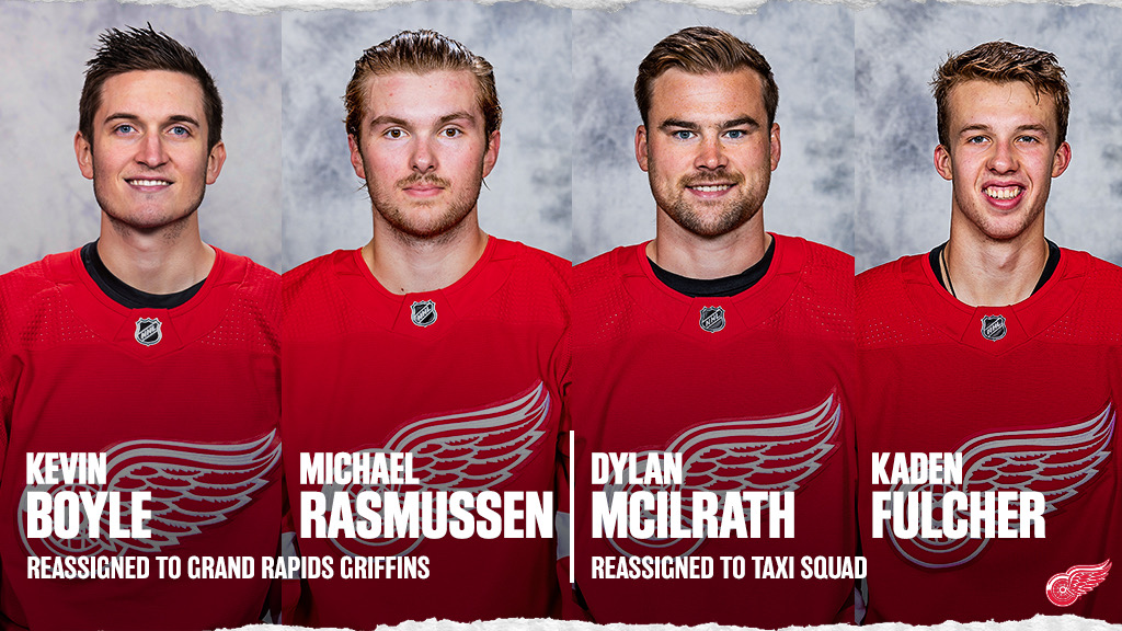DetroitRedWings's tweet photo. Update: The #RedWings today reassigned defenseman Dylan McIlrath &amp; goaltender Kaden Fulcher to the taxi squad from the Grand Rapids Griffins. 

Additionally, the #RedWings reassigned forward Michael Rasmussen &amp; goaltender Kevin Boyle to the Griffins from the taxi squad. https://t.co/yLuRivI6B4