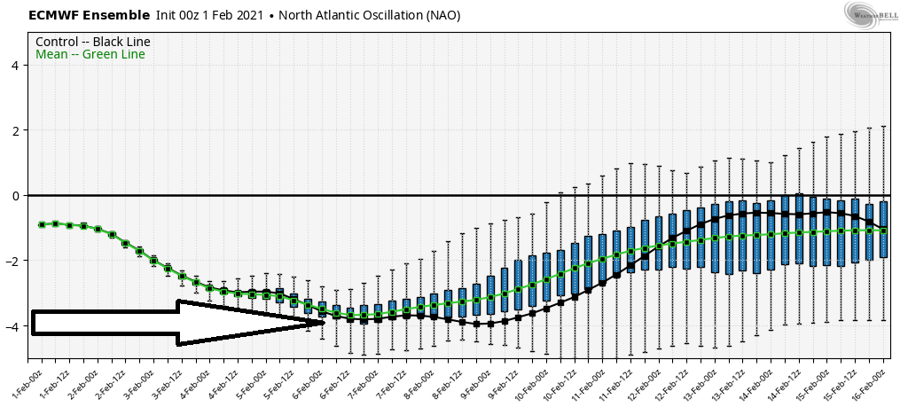 Armed with this info, we look at the NAO through mid February. This is coming from the EPS and GEFS (both ensembles). These two are showing the exact same thing... a SUPER negative NAO through mid February. This isn't slightly, but it is a MONSTER negative NAO.