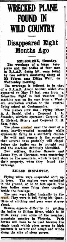 In an odd coincidence, shortly before A4-5’s crash, the wreck of Anson A4-4 was discovered bear Melbourne. It had been missing in May 1940 during a flight to Camden, approx. 15km south of Glenbrook.  http://www.adf-serials.com.au/AvroAnsonA4-4CrashMtTorbreck.pdf