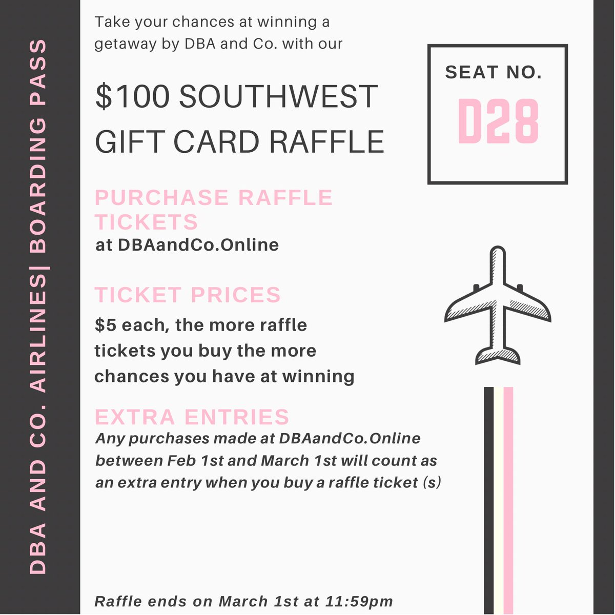 BkdBusyUnboth's tweet image. February Raffle Alert ‼️ This month @DBACoTheBrand will be raffling off a $100 Southwest Airlines gift card! Raffle tickets are $5 and can be purchased at DBAandCo.Online see their site and the flyer below for details. 😌 Good luck to everyone the enters.