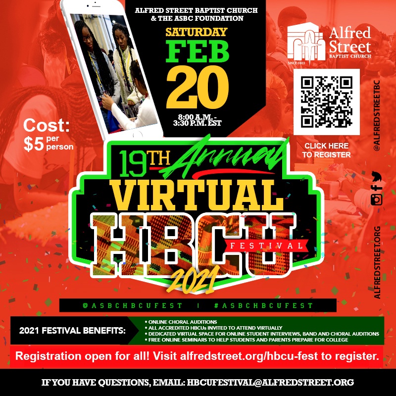 AlfredStreetBC's tweet photo. Attn: High School Students &amp; Parents. The ASBC Foundation presents the largest VIRTUAL HBCU Festival (Sat., Feb., 20, 8am-3:30pm EST). Over 70 HBCUs to offer onsite admission, music auditions, waived application fees. Register at https://t.co/TFA2EMYgkL or https://t.co/SCx24j9EZq https://t.co/c9nhDTE9HE