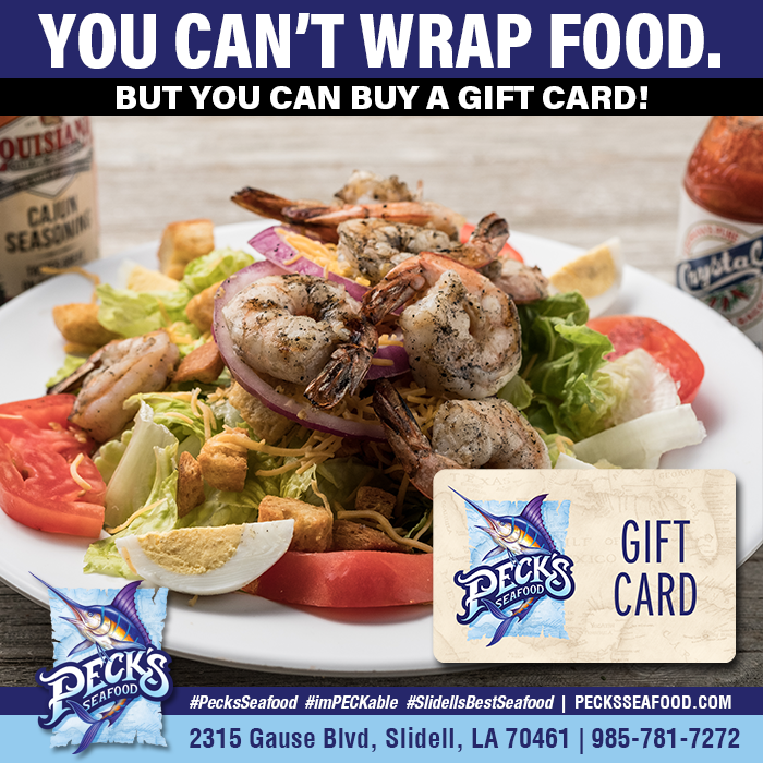 #PecksSeafood gift card are a GREAT GIFT all throughout the year, for family, friends, bosses, employees, teachers, or clients! #imPECKable #SlidellsBestSeafood #GiftCards #eat #lunch #salads #sandwiches #fresh #homemade