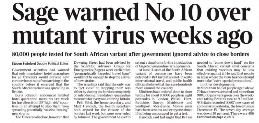 Ten weeks ago, Sage warned No.10 about mutant  #COVID19 straiThree weeks ago,  @YvetteCooperMP asked  @BorisJohnson what the UK was doing to stop the  #SouthAfricanVariant The PM didn’t have an answerWe need answers from the secretive  #JointBiosecurityCentre  https://twitter.com/yvettecoopermp/status/1349446660494135302