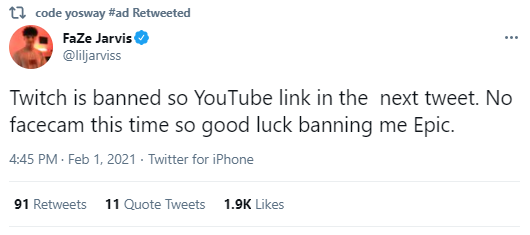 Jake Lucky After Being Permanently Banned From Fortnite By Epic Games Faze Jarvis Has Tried A 2nd Time To Come Back And Play He Has Now Been Banned Again This