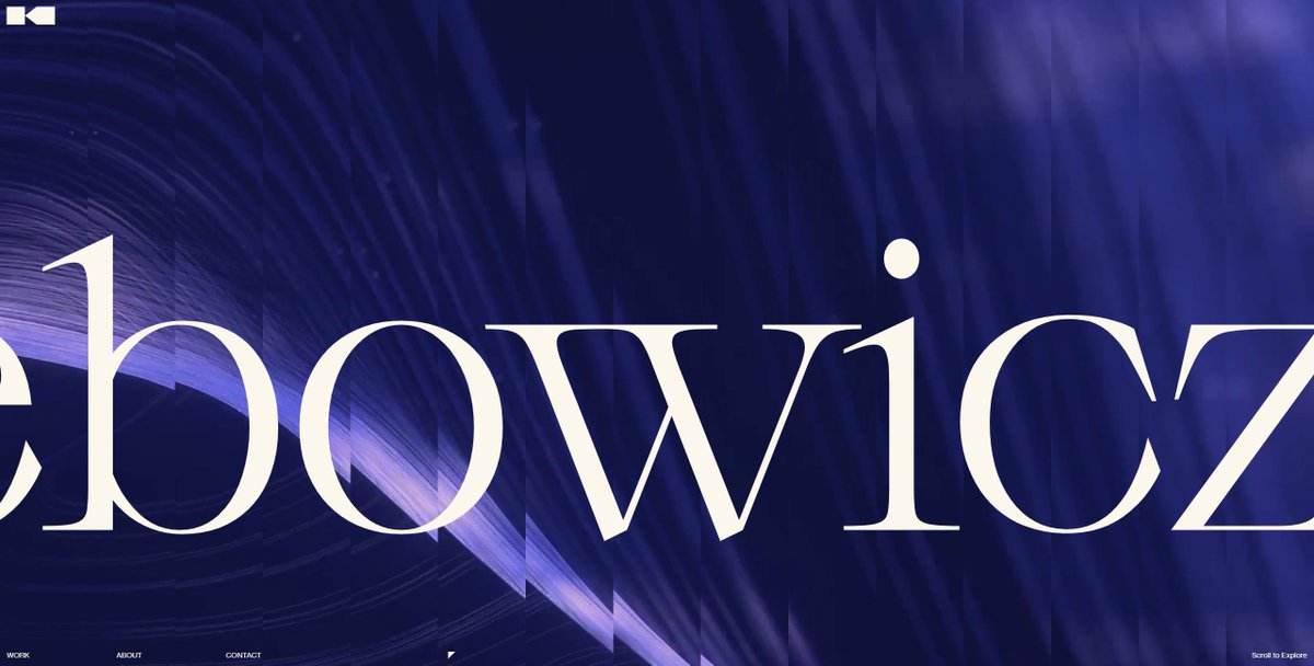 The cool subdivision that happens on the header is made by changing the `uv.x` position of a Plane geometry in a Shader. You can basically do a `for` loop and divide it by 15, then translate on `+= x`, this will make the output of the shader split in multiple columns.