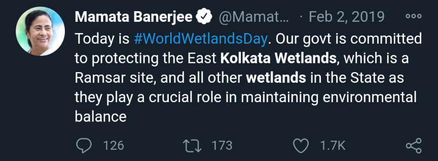 So on  #WorldWetlandsDay a reminder that political promises to protect the East  #Kolkata  #Wetlands have to be kept.  @MamataOfficial