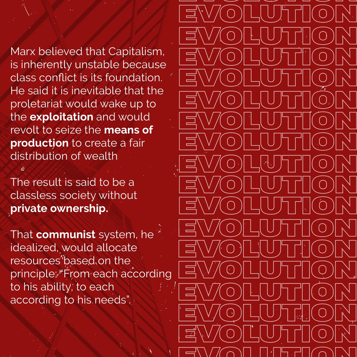 Marx believed that Capitalism, is inherently unstable because class conflict is its foundation. He said it is inevitable that the proletariat would wake up to the exploitation and would revolt to seize the means of production to create a fair distribution of wealth.  #EkonseptoPH