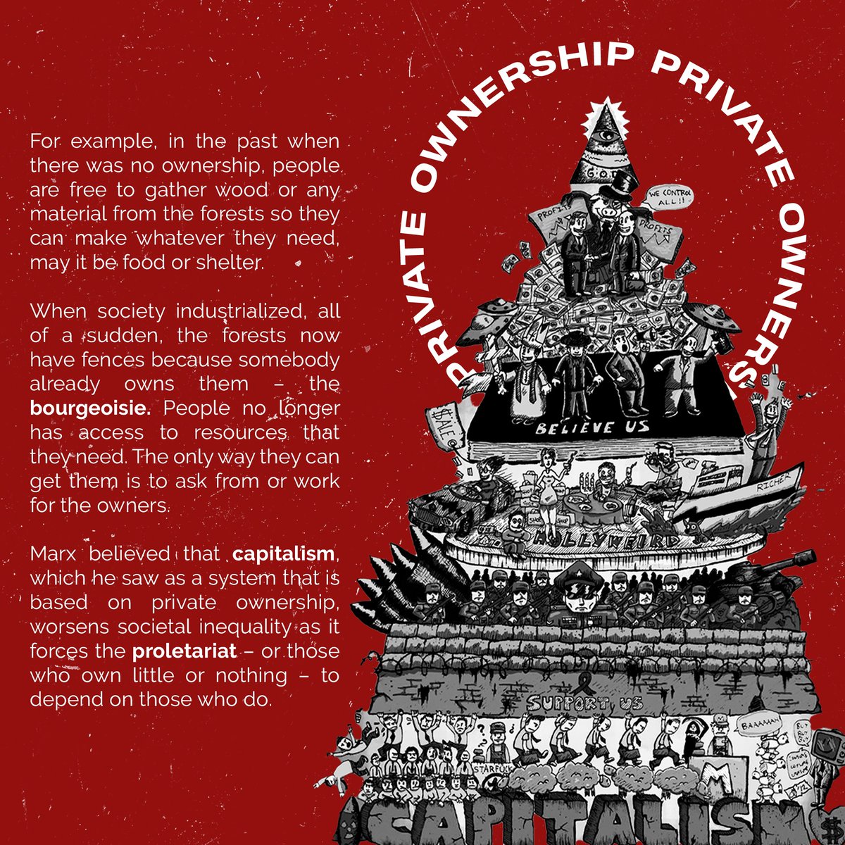 Marx believed that capitalism, which he saw as a system that is based on private ownership, worsens societal inequality as it forces the proletariat – or those who own little or nothing – to depend on those who do. #EkonseptoPH