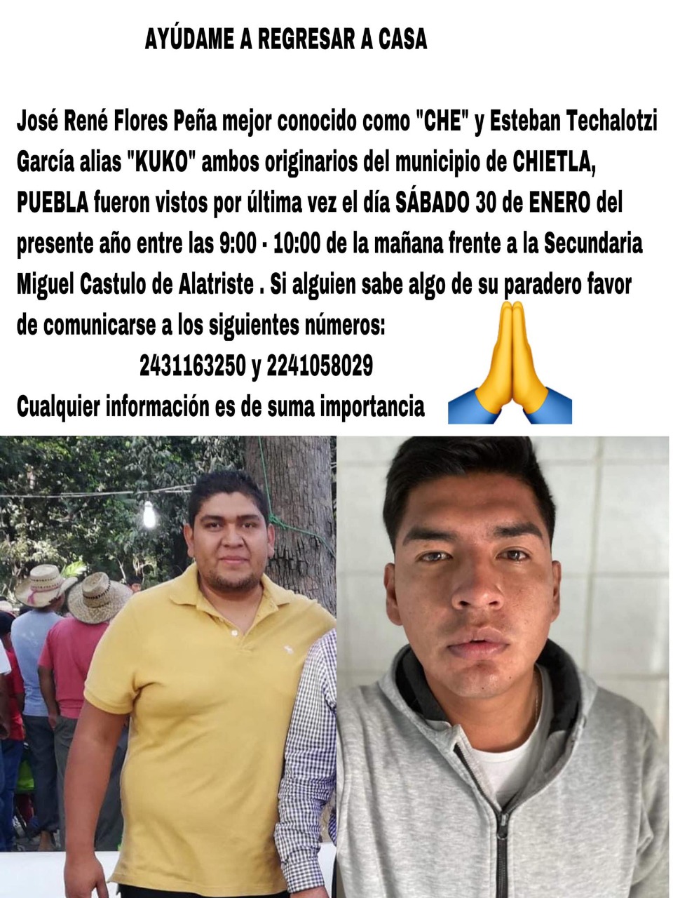 Periodico E Consulta Urgente Ayudanos A Encontrar A Jose Rene Flores Pena Y Esteban Techalotzi Garcia Quienes Estan Desaparecidos Desde El Pasado Sabado 30 De Enero T Co 7yo0oy3owd Twitter