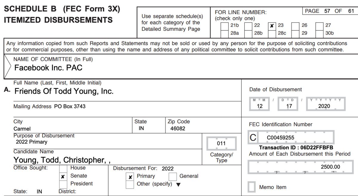 Also on December 17, Facebook donated $2500 to re-elect Republican senator Todd Young in 2022. (Keep these very early donations in mind when you hear how Facebook has "paused" its political giving until the ruckus dies down.)