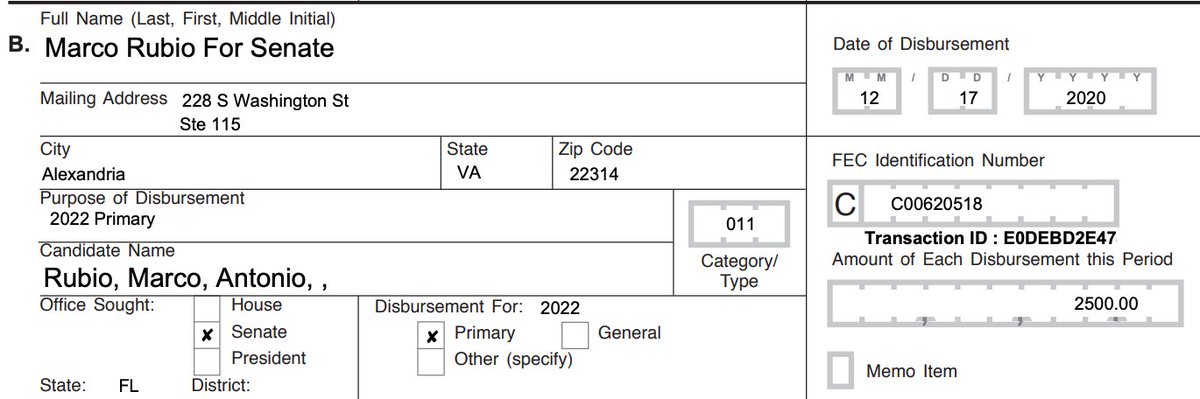 That same day, Facebook gave $2500 to keep Marco Rubio in the Senate in 2022