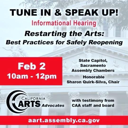 QuirkSilvaCA's tweet photo. The Assembly Committee on Arts, Entertainment, Sports, Tourism and Internet Media will hold an informational hearing to discuss best practices for safely reopening our art and entertainment venues during the pandemic. Be sure to tune in. #reopenca 

https://t.co/VeBuuSFU0g https://t.co/5TJqPsHJ3y