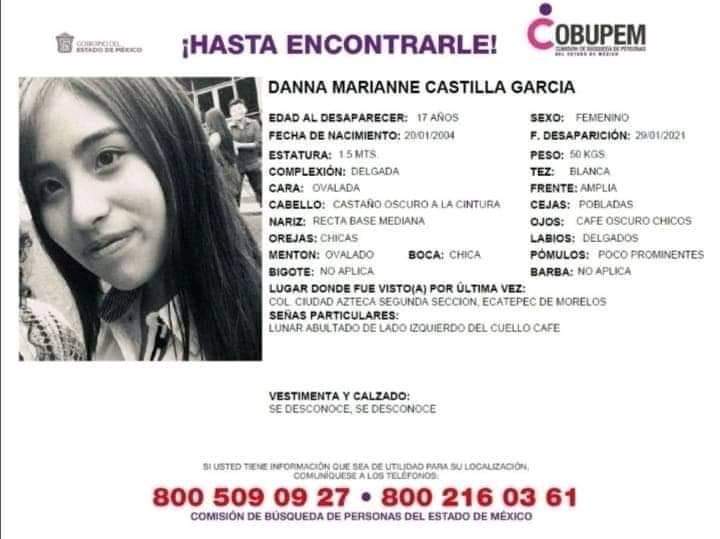 Ayúdanos a difundir la foto de Danna Marianne Castilla García. Su familia la está buscando. Gracias por tu apoyo.