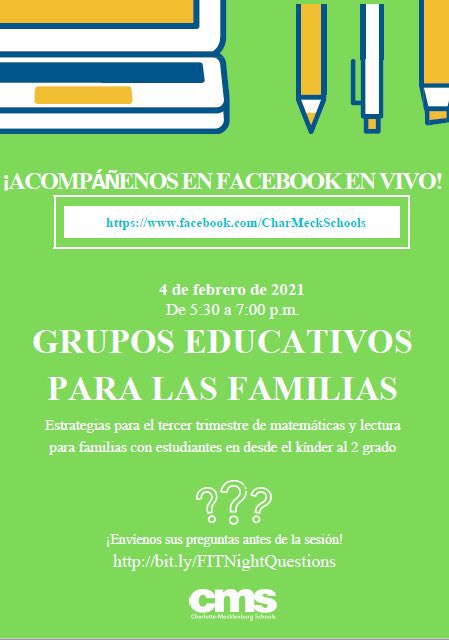 Join CMS FAMILY INSTRUCTIONAL TEAMS (FIT) Night this Thursday at 5:30PM to learn about 3rd Quarter math and reading strategies for families of K-2 students. <a href="/CharMeckSchools/">Charlotte-Mecklenburg Schools</a>