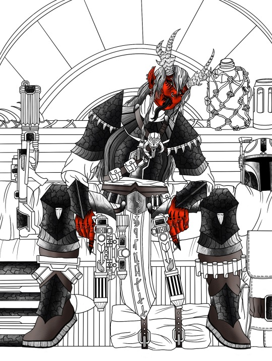 ArtsAnnabelle's tweet photo. Have a #WIP of my female #Devaronian OC from #StarWars/#TheMandalorian. Yes she's a mandalorian. Because why the hell not. (Her helmet has panels that can be adjusted to accomodate her horns.) She's a 6"5 buff goddess. #art #digitalart #Procreate https://t.co/6B0Aq8aM4N