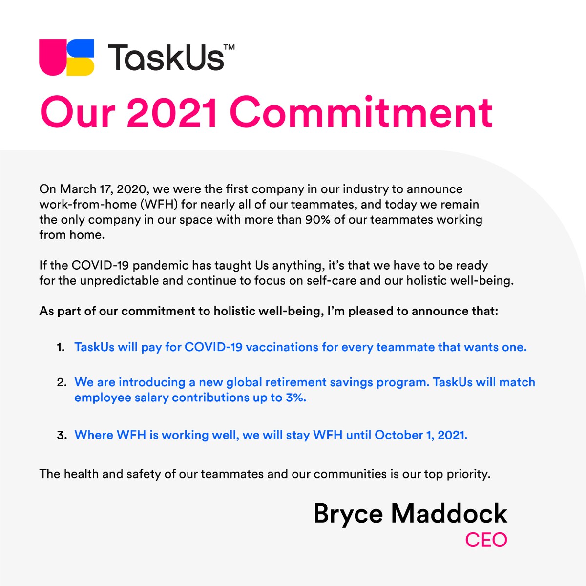 TaskUsPH's tweet photo. We are taking our commitment to holistic well-being even further this 2021: from COVID vaccines and retirement plans to extending our WFH setup until October. And this is all for our teammates. #PeopleBeforeProfits https://t.co/cVJWq0qTqb