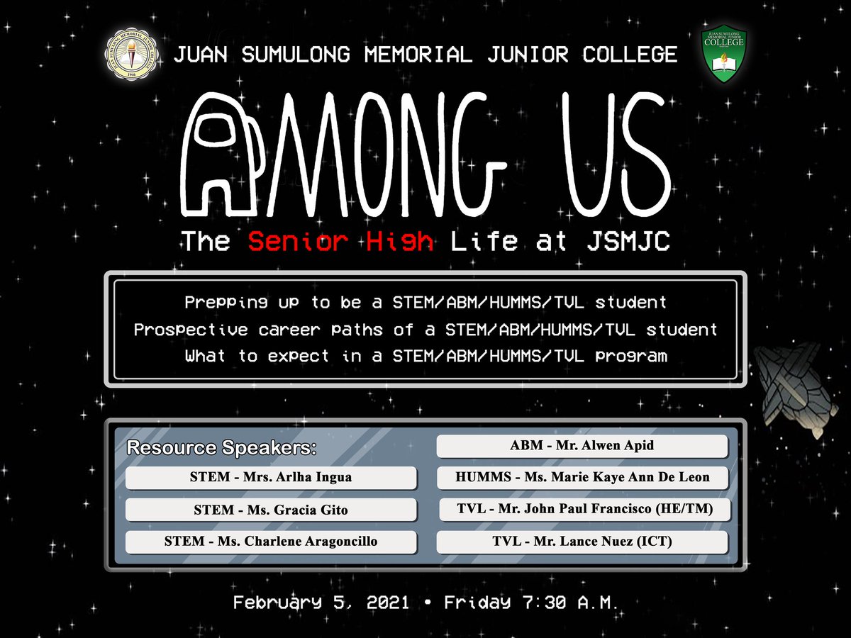 IAmSumulongSHS's tweet photo. We INVITE all GRADE 10 STUDENTS from both public and private schools to join us on Friday for:

AMONG US: The Senior High Life at JSMJC
February 5, 2021, Friday, 7:30 a.m.

FILL OUT the Google Form and we will send you the Zoom Link:
https://t.co/uxNBHnZQBp

#JSMJCFWD>> https://t.co/R9TE4CZHZM