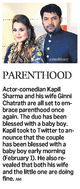 SHIV DUTTA 🌠 (@imshiva17) on Twitter photo It's a boy : <a href="/KapilSharmaK9/">Kapil Sharma</a>
welcomes second child
Actor-comedian #KapilSharma
and wife #GinniChatrath
on Monday welcomed
their second child, a baby boy It's a boy : <a href="/KapilSharmaK9/">Kapil Sharma</a>
welcomes second child
Actor-comedian #KapilSharma
and wife #GinniChatrath
on Monday welcomed
their second child, a baby boy