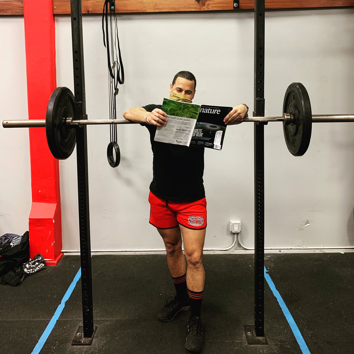 AllPlanets's tweet photo. I am back to indoor @CrossFit after a hiatus due to health issue and then the pandemic. Today I decided to bring my @nature magazine in case I got bored between front/back squats. #scientist #totallystaged https://t.co/kpPn4hKT6v
