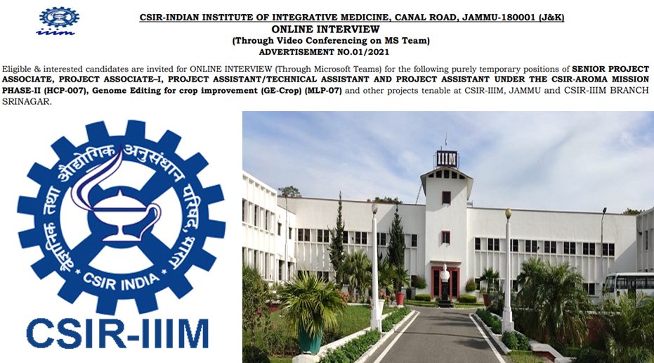 Senior Project Associate Positions (Online Interview) at CSIR-IIIM, Jammu & Srinagar Indi