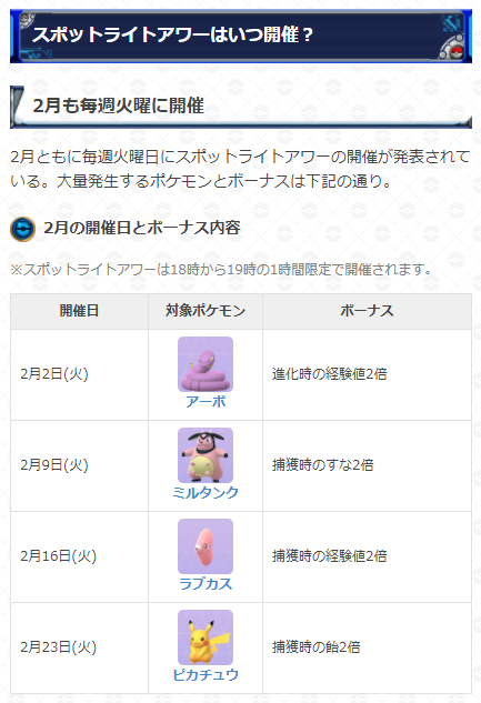 Twitter 上的 ポケモンgo攻略 Gamewith 本日18時からスポットライトアワー開催 開催期間 2月2日 火 18 00 19 00 ボーナス内容 アーボの出現率アップ ポケモンを進化させた時の経験値2倍 スポットライトアワーの詳細はこちら T Co Bntmpkucn5