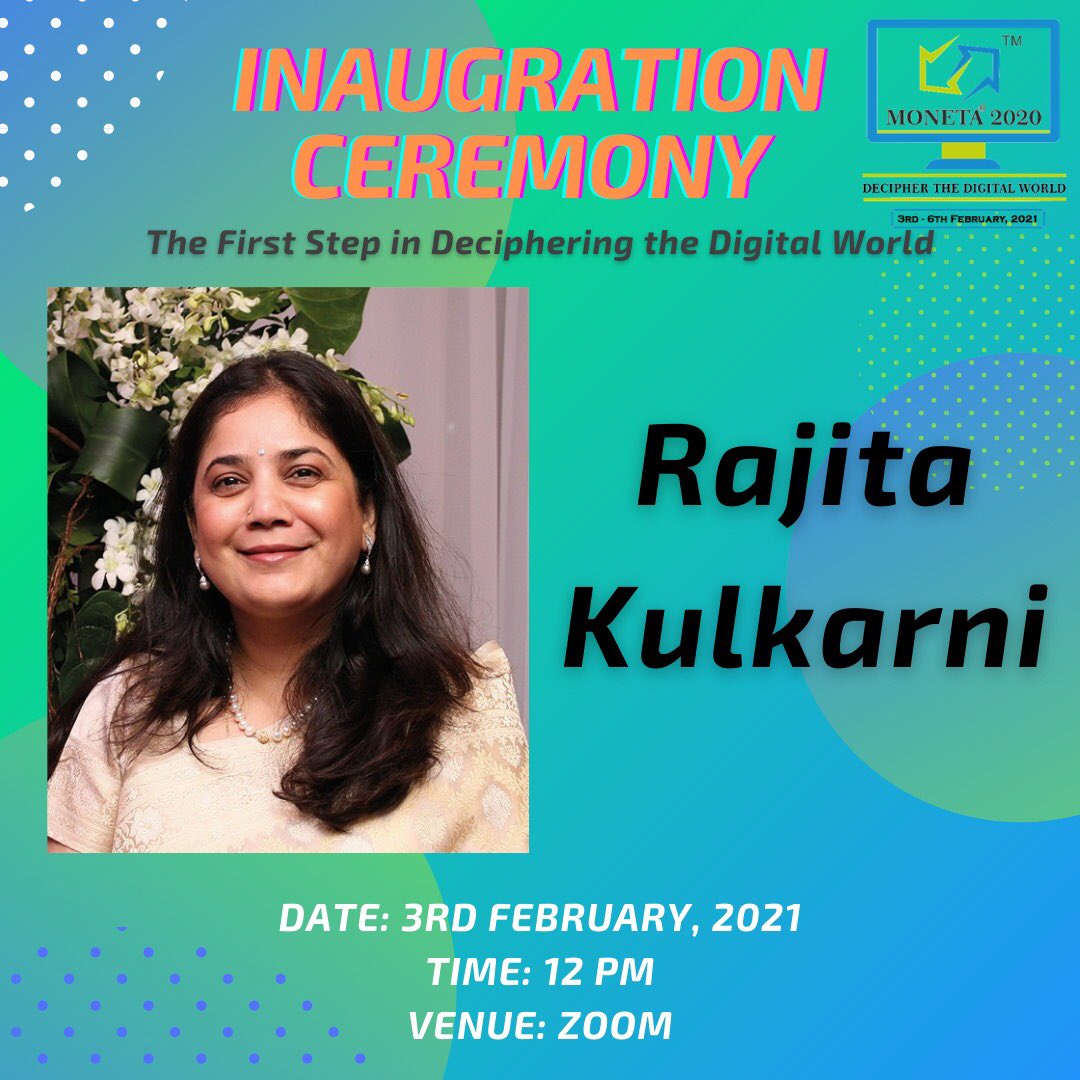 MonetaPodar's tweet photo. Its time to take a step and trust the magic of new beginnings
Gracing us with her presence, meet the Chief Guest for the Inauguration Ceremony of Moneta 2020! Mrs Rajita Kulkarni, President of Sri Sri University &amp; World Forum for Ethics in Business. Join us for inaugural ceremony https://t.co/pA0A5HvY0m