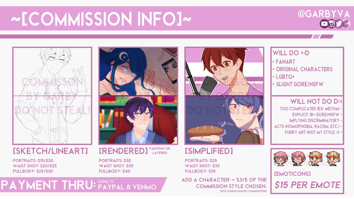 Hello, people of Twitter! I've revamped commissions so I decided to post them on here! All the information you need is on here! DM me for more information :D

#commissionsopen #digitalart #commissions #idontknowhowtousehashtags