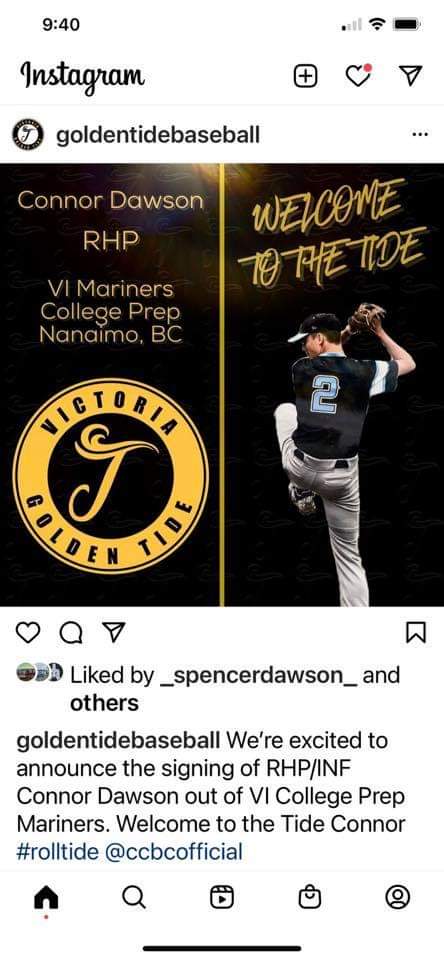 CPMariners's tweet photo. Congrats to Connor Dawson on his recent commitment to playing with the Victoria Golden Tides #comitted2021 #collegeprepbaseball #bcbaseball #baseballbc #nanaimobaseball #Baseball_BC #bcmbaseball #harbourcity @nanaimobaseball @Victori39472193 #ccbcofficial https://t.co/YLfYENqz9W