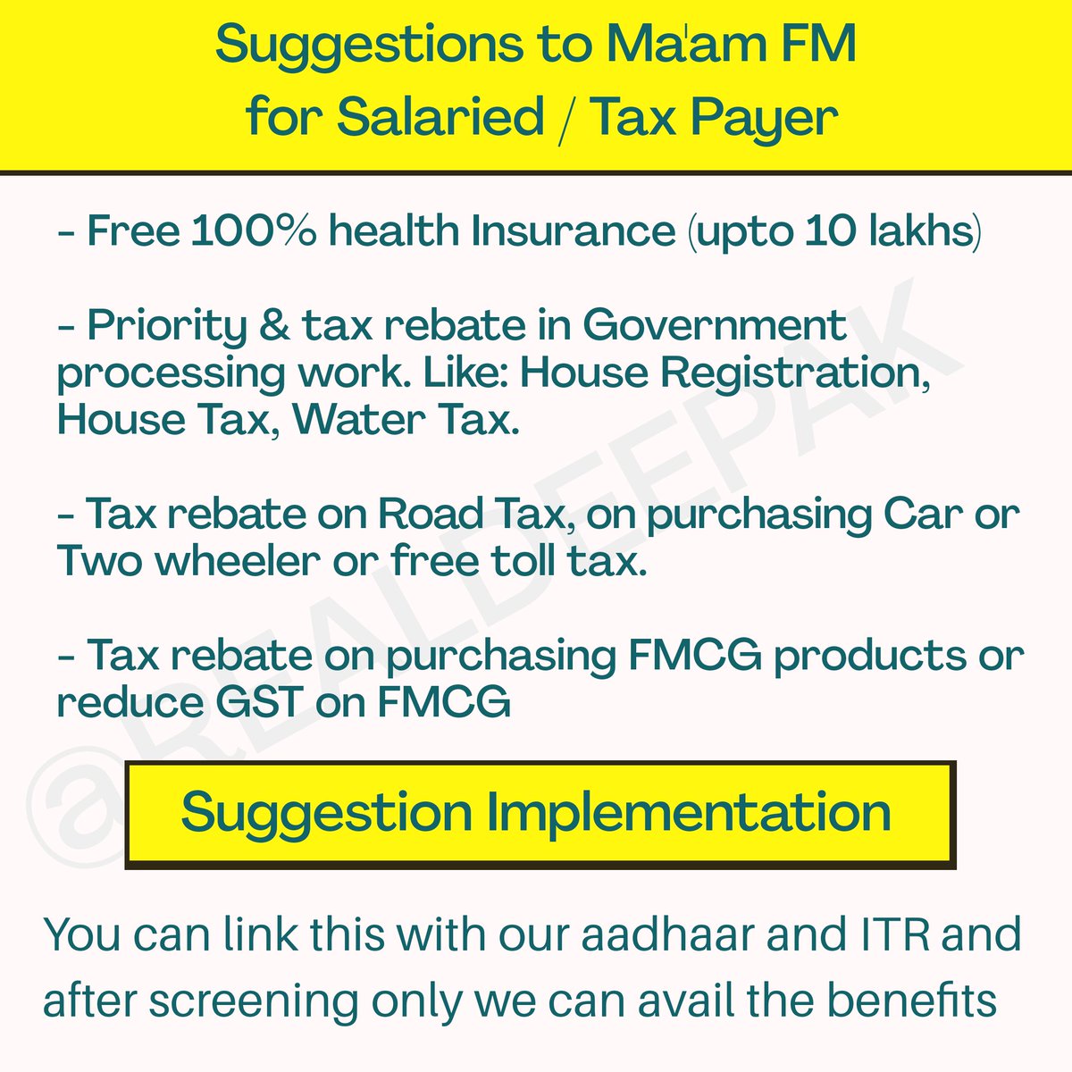 realdeepak's tweet image. Suggestions to @nsitharaman
Ma&apos;am 🙏🙏

#protestofsalaried #taxpayerawaaz
#tuesdayvibe #tuesdaymotivations
#ThankfulTuesday #MeToo #AdipurushAarambh #