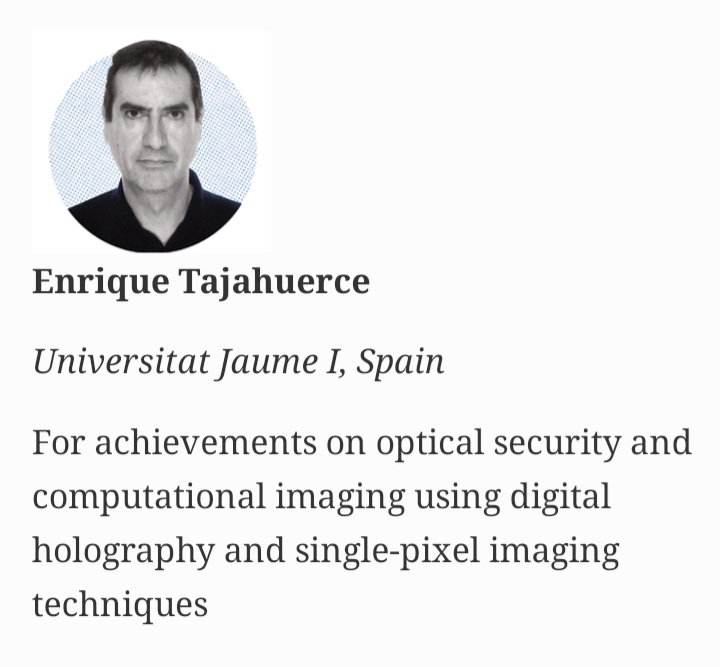 PhotonicsUji's tweet image. Congratulations @ETajahuerce for being elected as #OSAfellow of the @OpticalSociety 2021! 👏👏👏 A very well deserveved recognition for his achievements in #optical security and computing #imaging .  #SomUJI #CienciaUJI @UJIuniversitat

+info new Fellows: 
osa-opn.org/home/articles/…