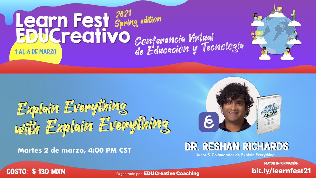 ¿Ya estas listo para el Learn Fest EDUCreativo-Spring21?
1er parte

Aquí te mostramos el programa de conferencias que tendremos en el Learn Fest EDUCreativo - Spring 21

Programa del evento bit.ly/learnfest21

130 pesos MXN  learnfest21.eventbrite.com.mx

#distancelearning #edtech
