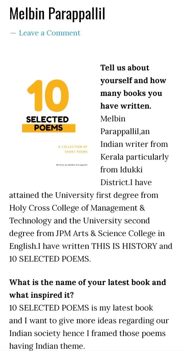 TellerMelbin's tweet photo. '10 SELECTED POEMS' is available around the world now : 

Here is a blog interview which I have taken part recently. Just run your eyes over this interview. https://t.co/wloDjgBdSr