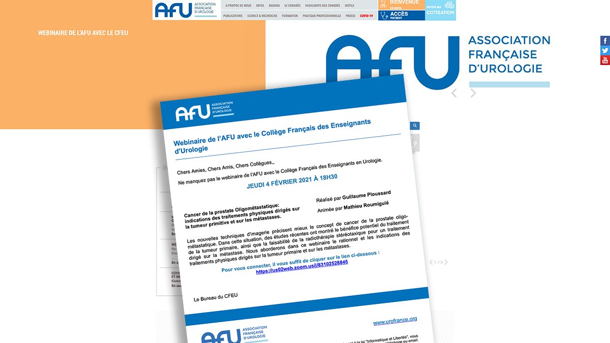 AFUrologie's tweet photo. Rendez-vous jeudi 4 février🗓️, à 18h30, pour le webinaire  de l'@AFUrologie avec le @CfeUrologie
 sur le #cancer de la #prostate oligométastatique avec @GPloussard et @MRoumiguie : https://t.co/LMrr4s23xu https://t.co/pAYoEH05jL