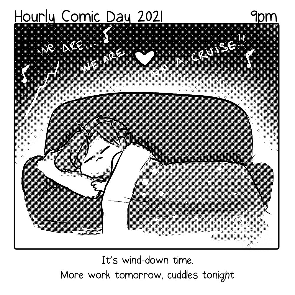 Last one of the evening and for #hourlycomicday2021 - my soaks and food make me drowsy, so about the time I get out I'm ready for relaxing and snuggles. Gonna watch Strong World with Babbus and call it a night 💚 