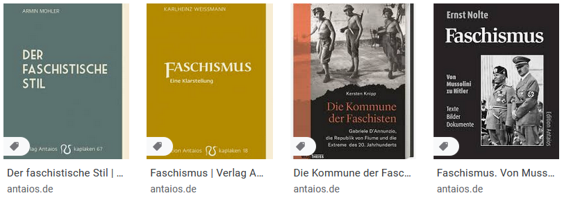 Der Versuch des Faschismus-Revival wird in der Neuen Rechten lange betrieben. AfD-Politiker Hoffmann möchte ihn ebenfalls wieder positiv framen, das Angebot des Verlag Antaios spricht für sich. Faschismus ist auch der Versuch,Nationalsozialismus nicht auszusprechen aber zu meinen